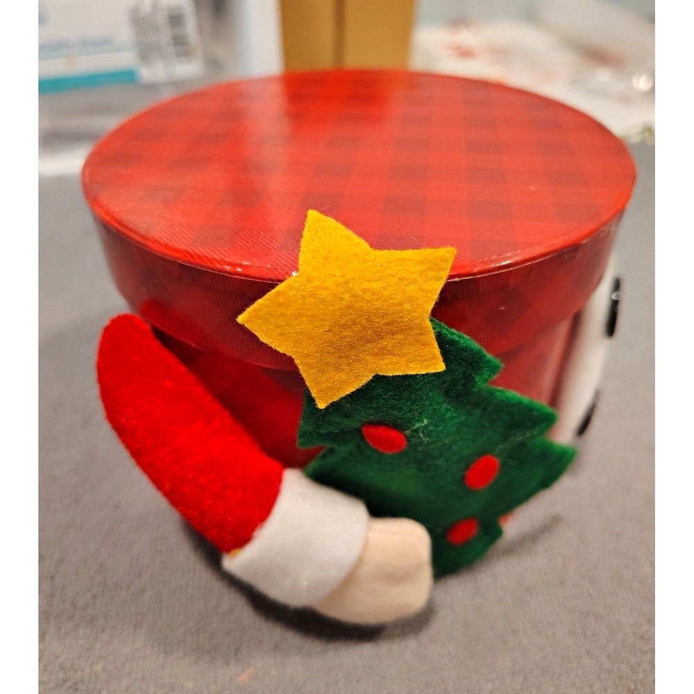 Round Christmas Santa Gift Box Container w/ Lid Red Plaid Felt Holiday